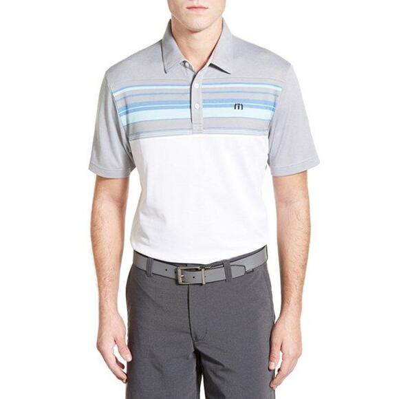 Travis Mathew Leeway Stripe Pima Cotton Jersey Golf Polo White Gray Mens XL - Picture 7 of 7